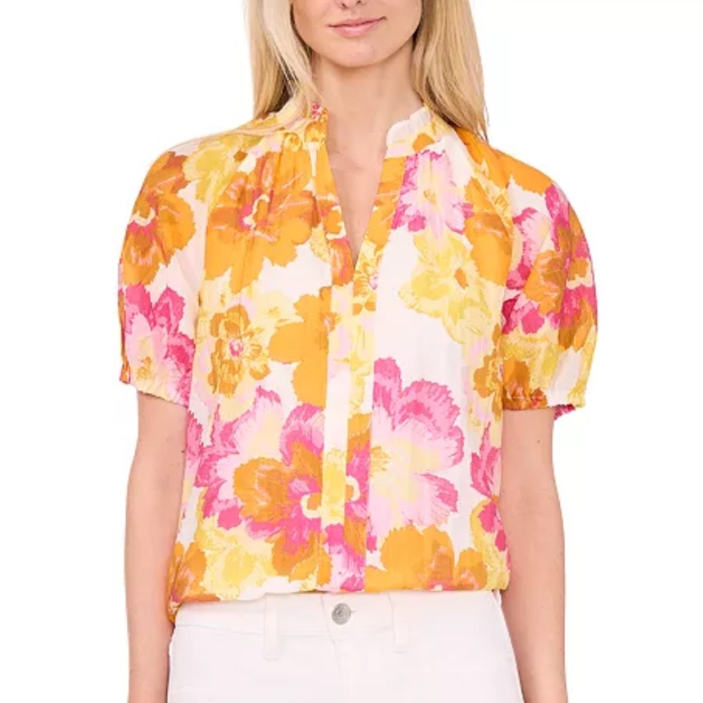 CeCe Floral Ruffled Split-Neck Blouse